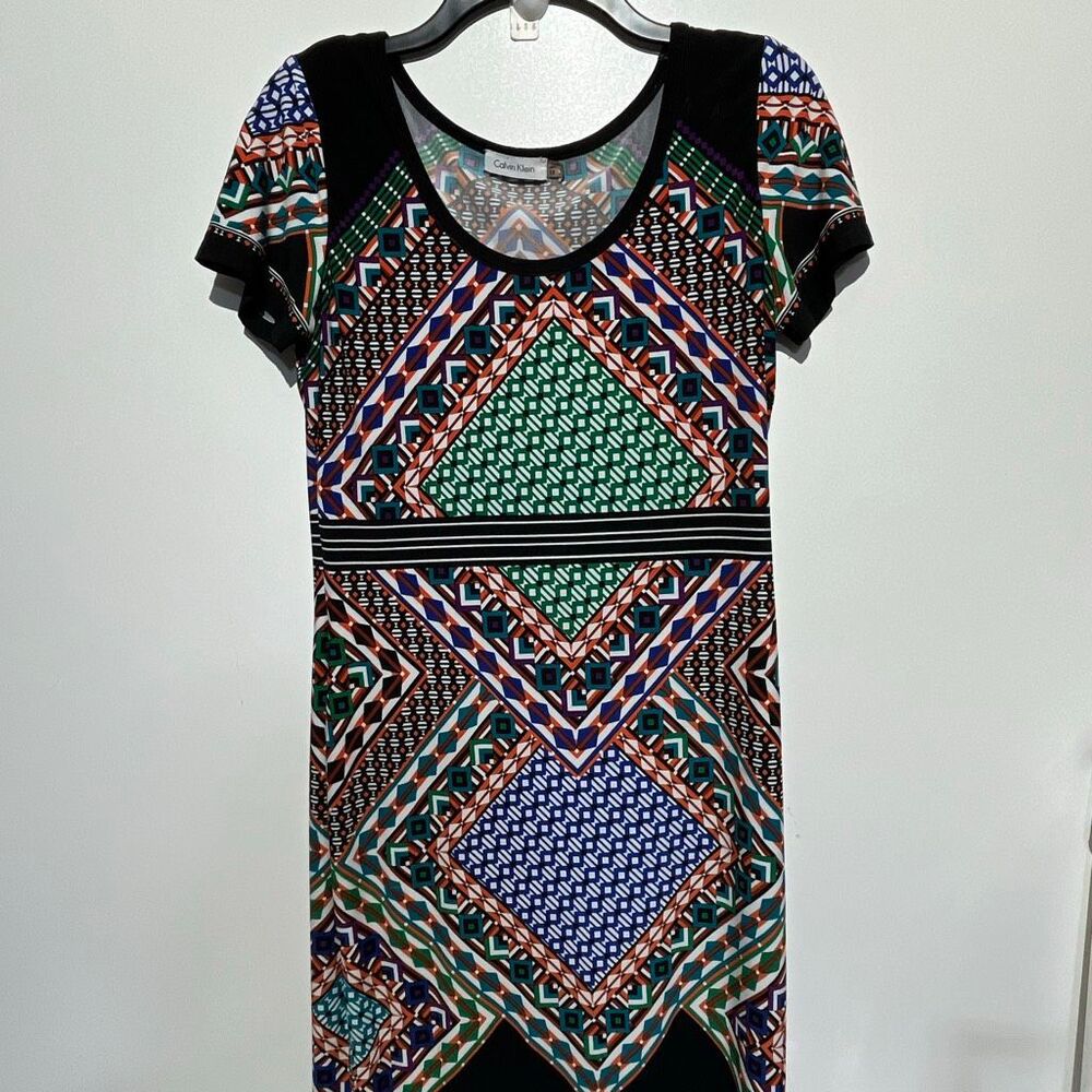 Calvin Klein Women's Multicolor Geometric‎ Scoop Neck Short Sleeve Dress Size 10